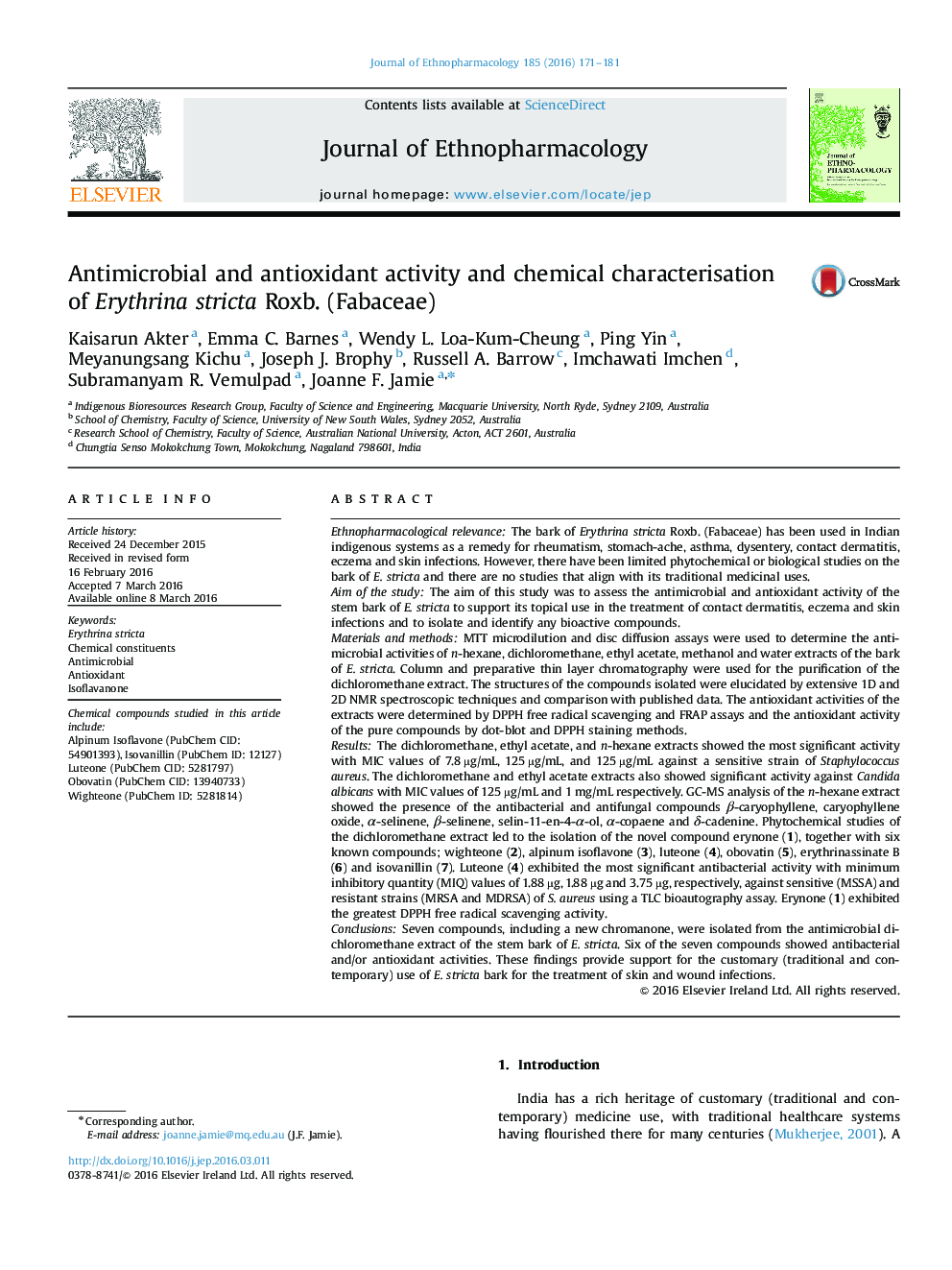 Antimicrobial and antioxidant activity and chemical characterisation of Erythrina stricta Roxb. (Fabaceae)