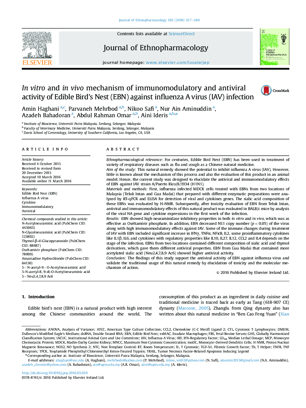 In vitro and in vivo mechanism of immunomodulatory and antiviral activity of Edible Bird's Nest (EBN) against influenza A virus (IAV) infection