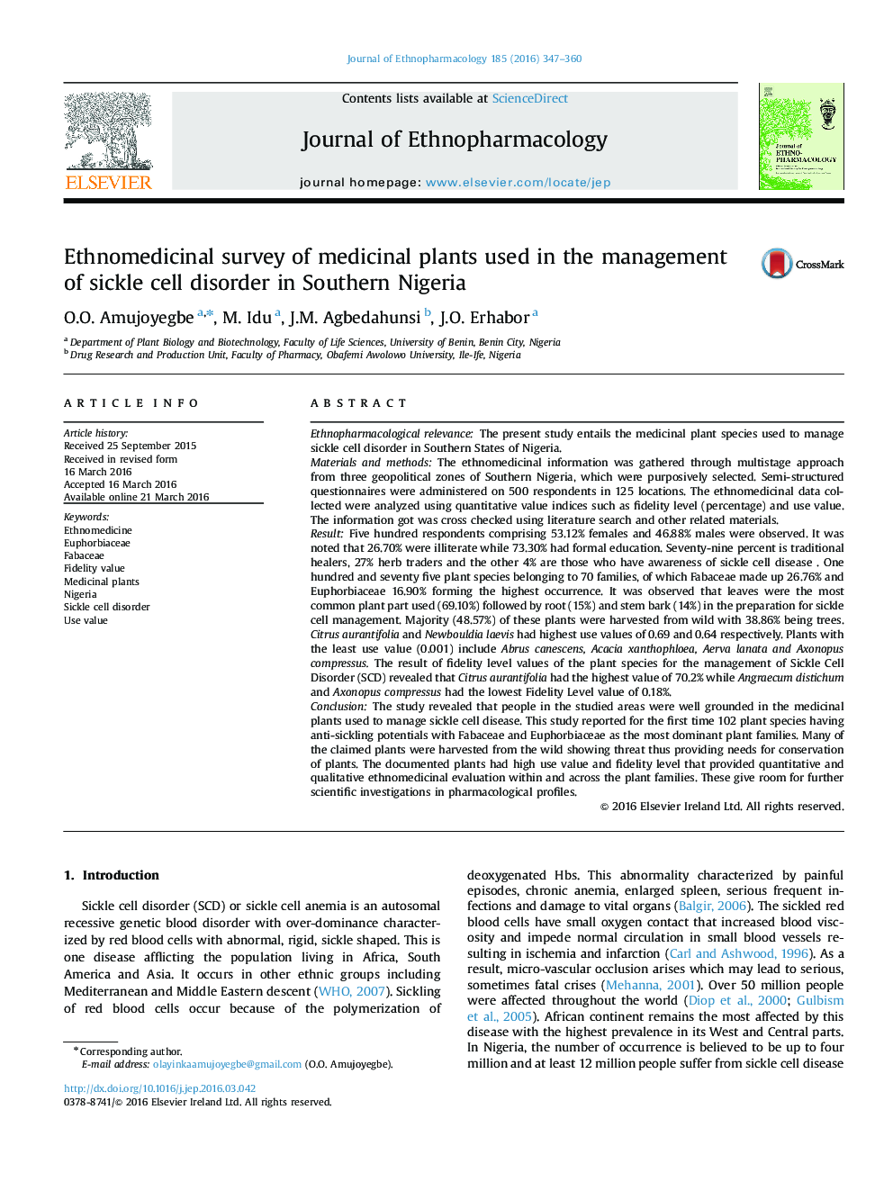 Ethnomedicinal survey of medicinal plants used in the management of sickle cell disorder in Southern Nigeria