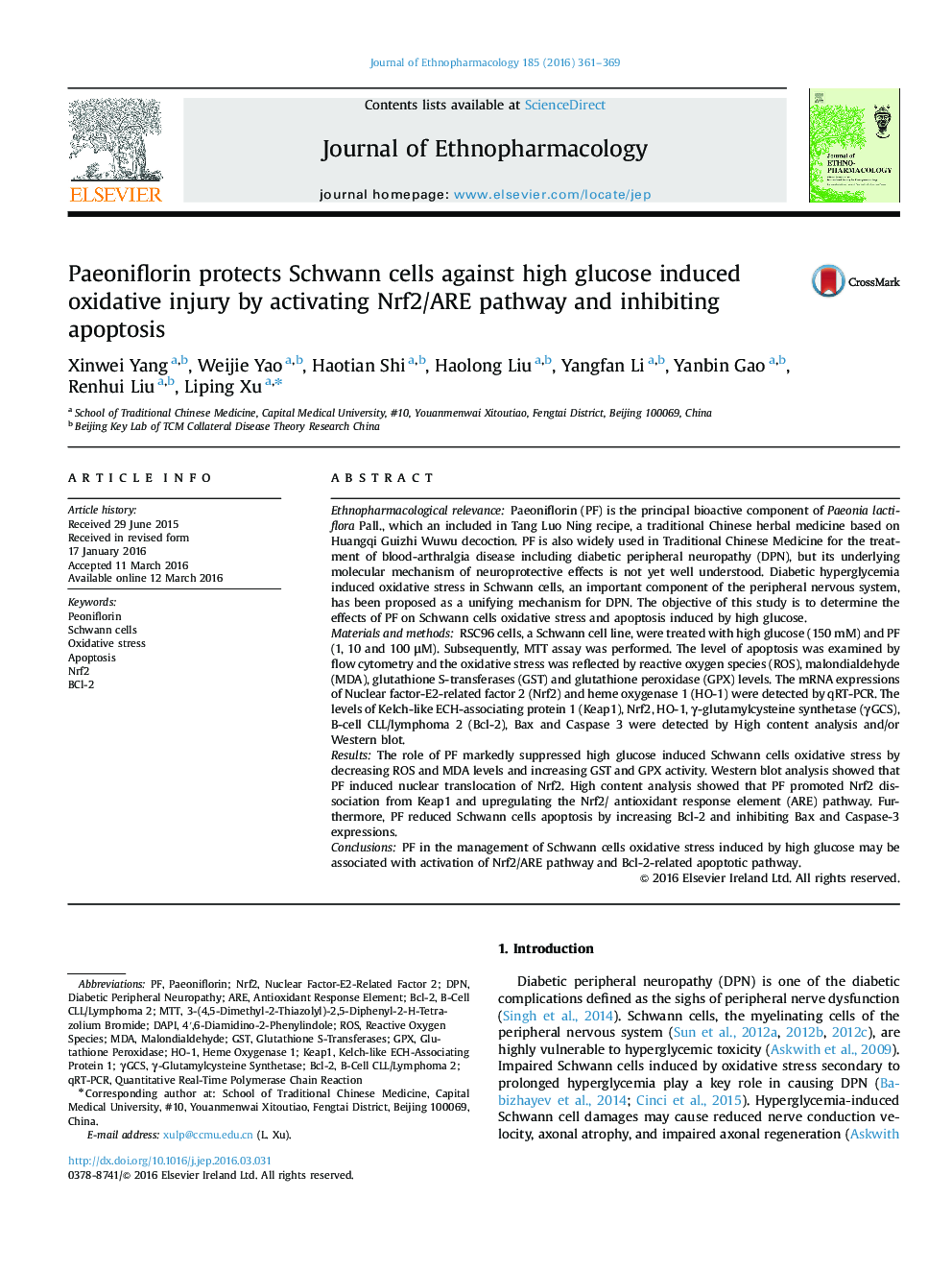 Paeoniflorin protects Schwann cells against high glucose induced oxidative injury by activating Nrf2/ARE pathway and inhibiting apoptosis