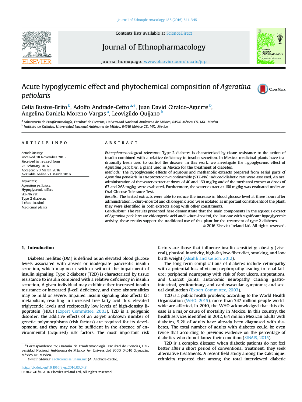 Acute hypoglycemic effect and phytochemical composition of Ageratina petiolaris