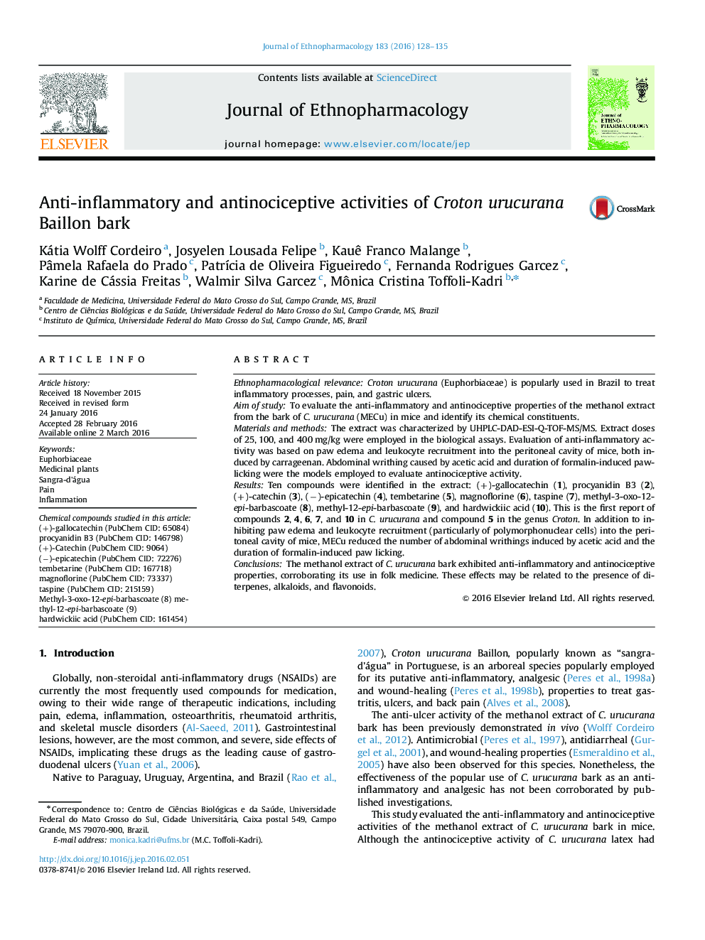 Anti-inflammatory and antinociceptive activities of Croton urucurana Baillon bark