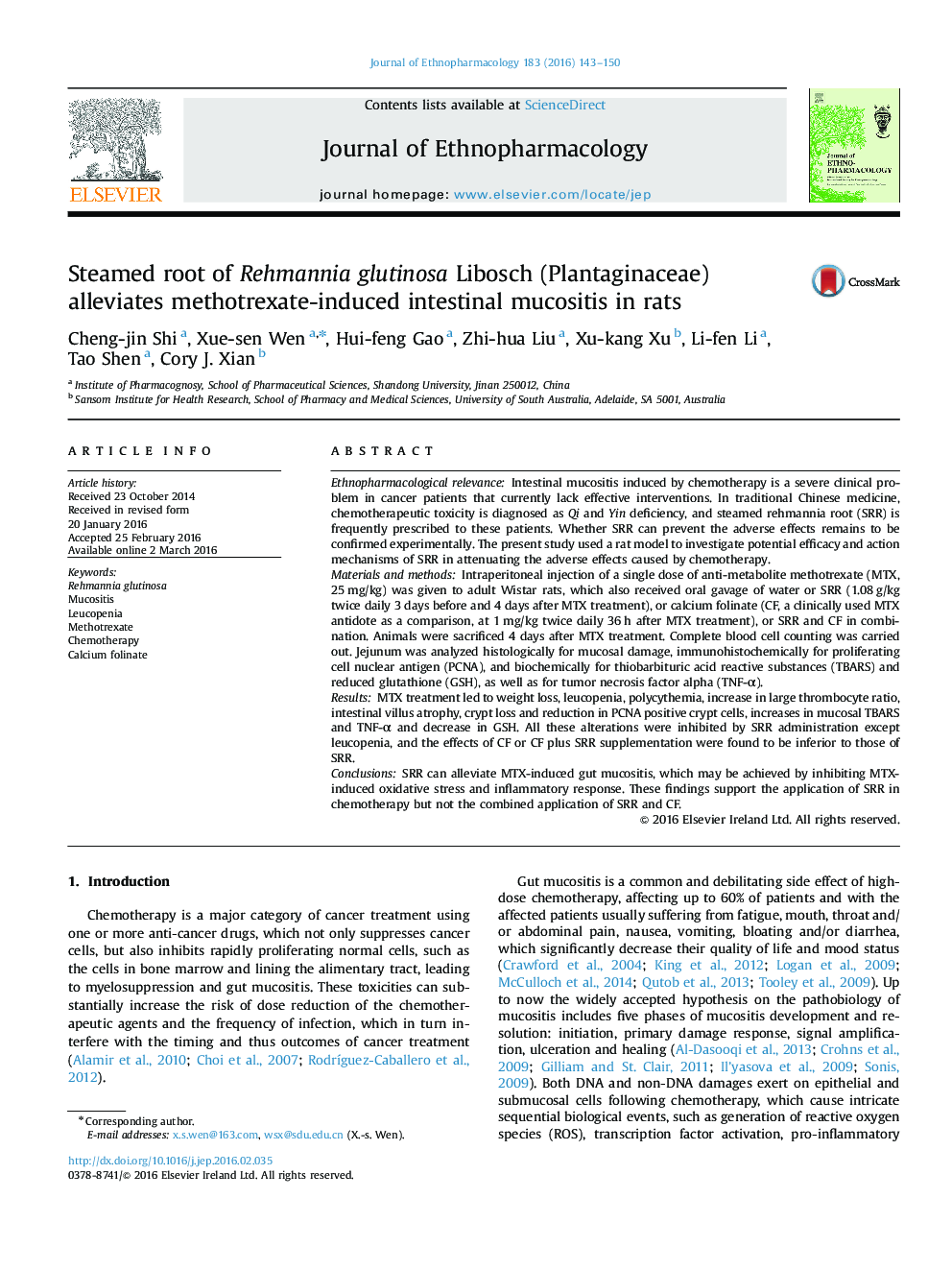 Steamed root of Rehmannia glutinosa Libosch (Plantaginaceae) alleviates methotrexate-induced intestinal mucositis in rats