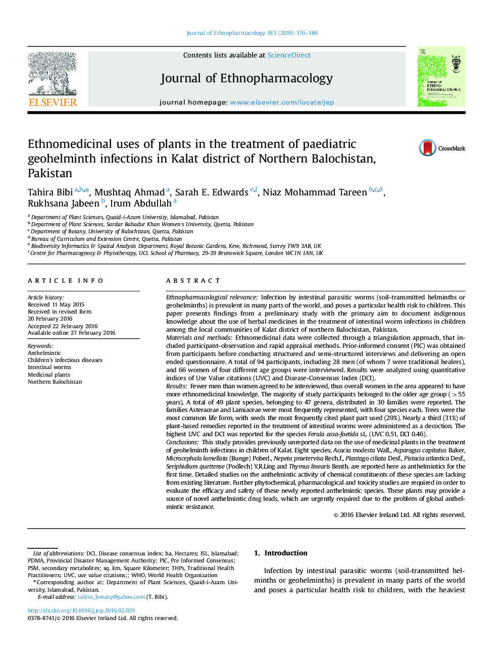 Ethnomedicinal uses of plants in the treatment of paediatric geohelminth infections in Kalat district of Northern Balochistan, Pakistan