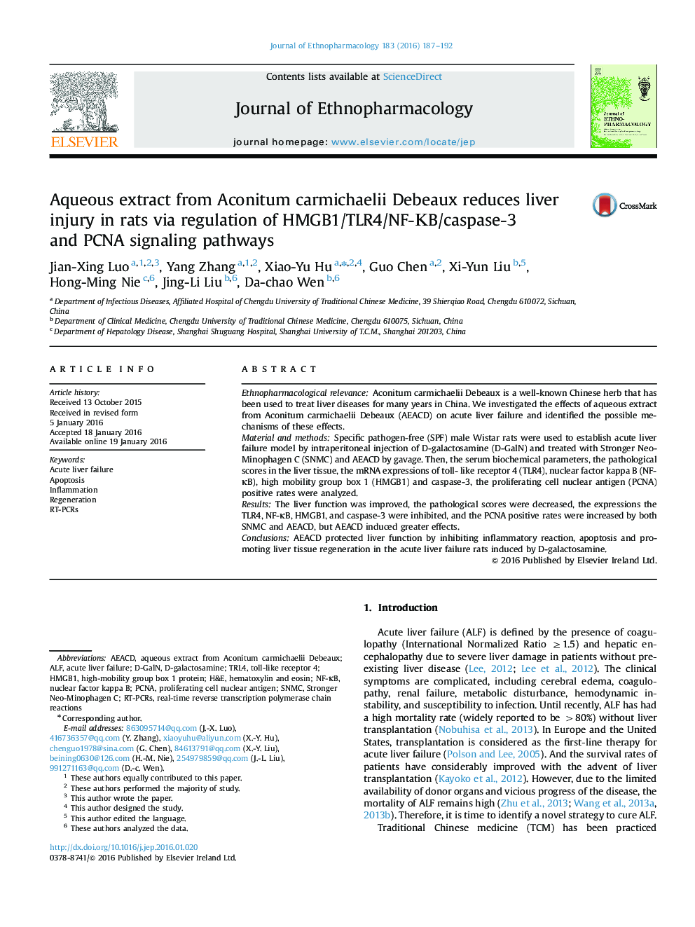 Aqueous extract from Aconitum carmichaelii Debeaux reduces liver injury in rats via regulation of HMGB1/TLR4/NF-ΚB/caspase-3 and PCNA signaling pathways