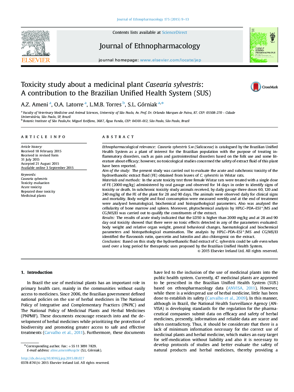 Toxicity study about a medicinal plant Casearia sylvestris: A contribution to the Brazilian Unified Health System (SUS)