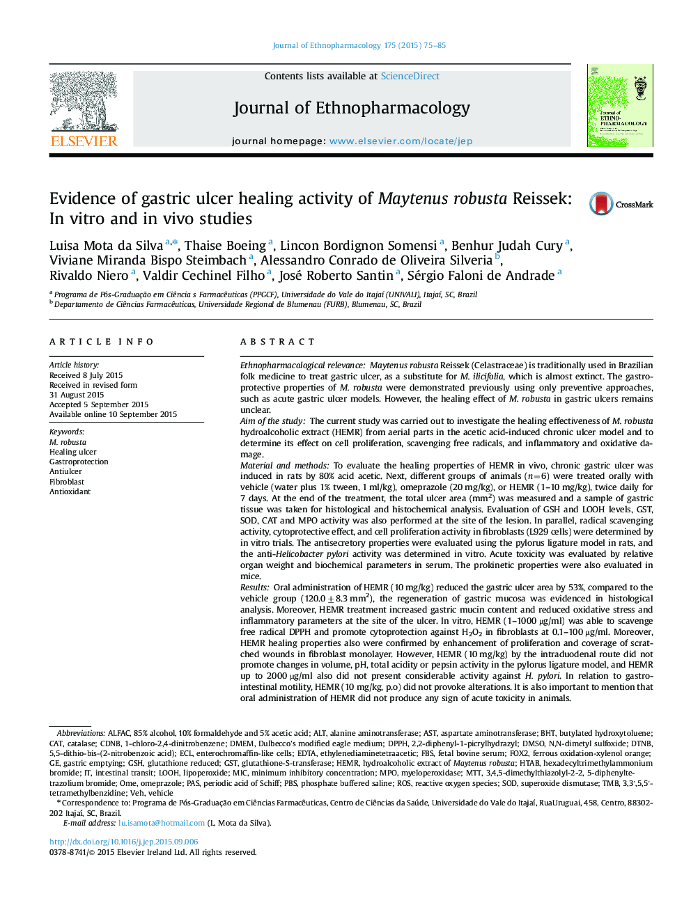 Evidence of gastric ulcer healing activity of Maytenus robusta Reissek: In vitro and in vivo studies