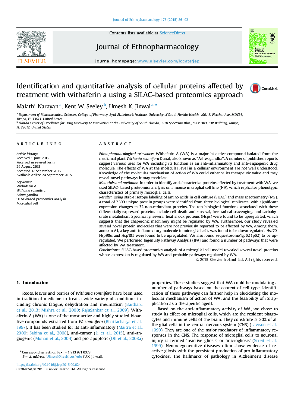 Identification and quantitative analysis of cellular proteins affected by treatment with withaferin a using a SILAC-based proteomics approach