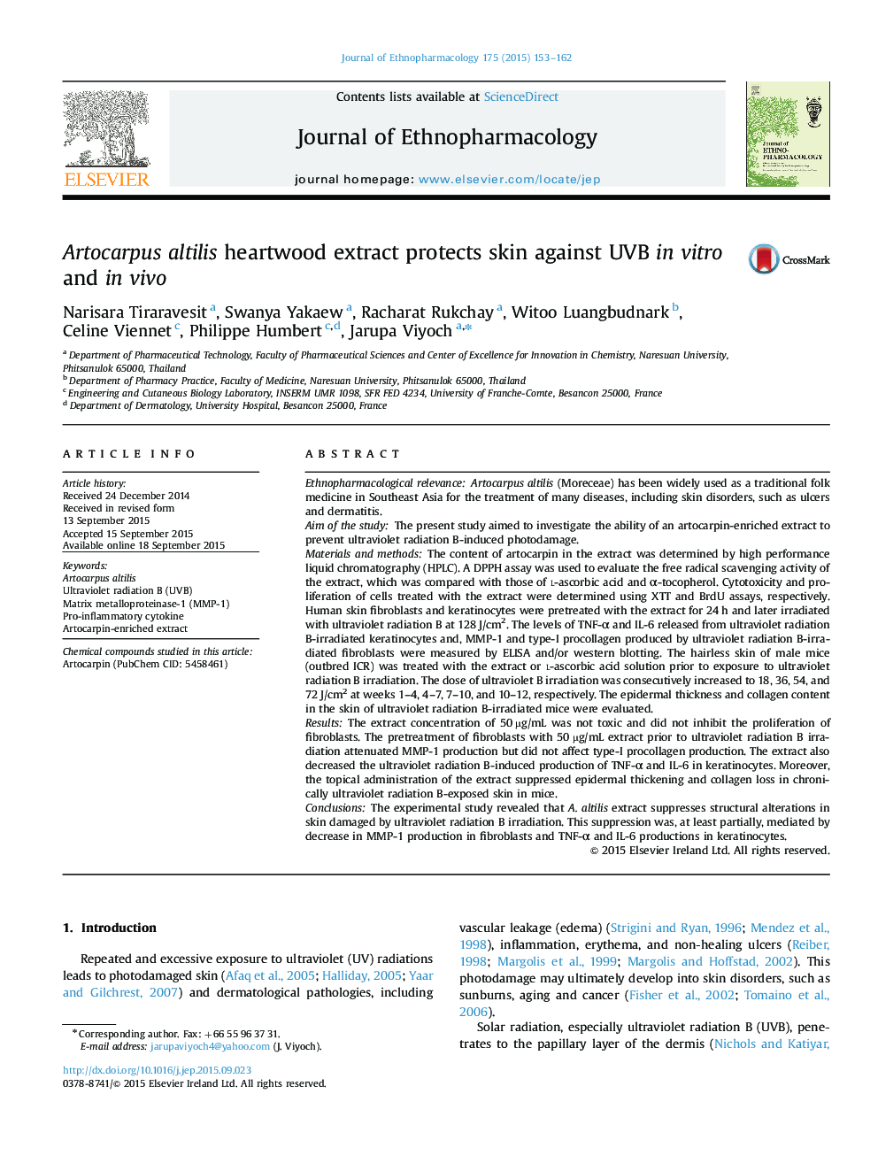 Artocarpus altilis heartwood extract protects skin against UVB in vitro and in vivo