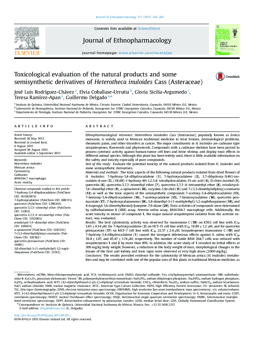 Toxicological evaluation of the natural products and some semisynthetic derivatives of Heterotheca inuloides Cass (Asteraceae)