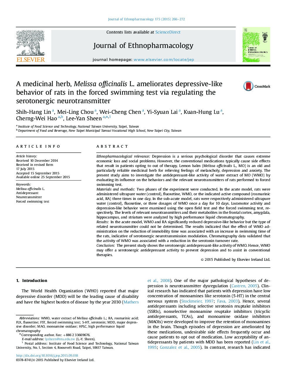 A medicinal herb, Melissa officinalis L. ameliorates depressive-like behavior of rats in the forced swimming test via regulating the serotonergic neurotransmitter