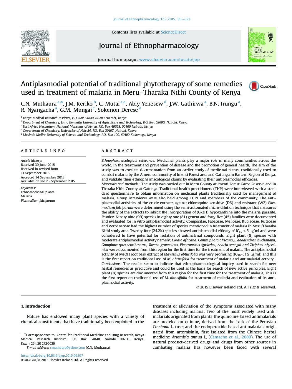 Antiplasmodial potential of traditional phytotherapy of some remedies used in treatment of malaria in Meru–Tharaka Nithi County of Kenya