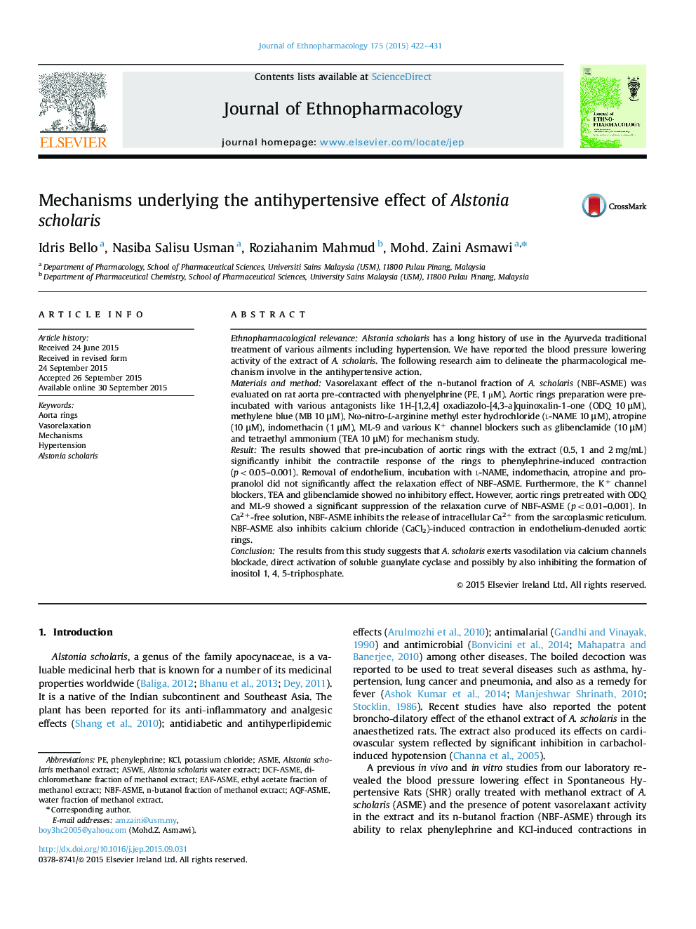 Mechanisms underlying the antihypertensive effect of Alstonia scholaris