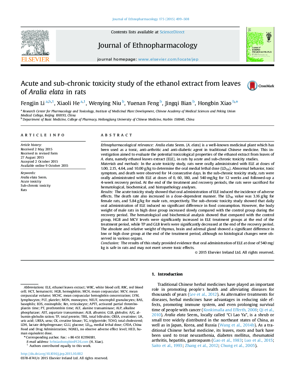 Acute and sub-chronic toxicity study of the ethanol extract from leaves of Aralia elata in rats