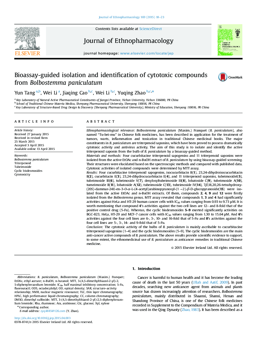 Bioassay-guided isolation and identification of cytotoxic compounds from Bolbostemma paniculatum