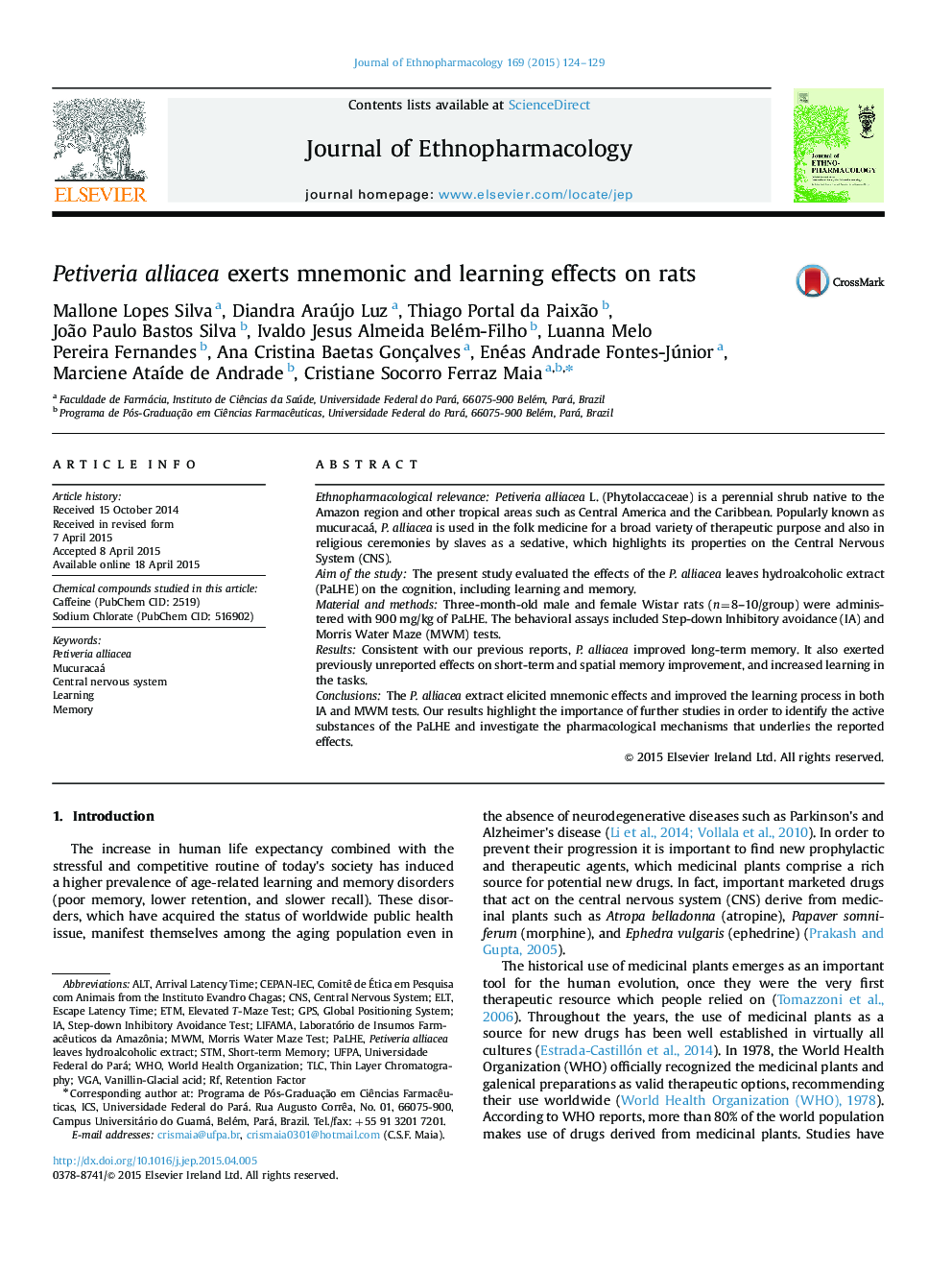 Petiveria alliacea exerts mnemonic and learning effects on rats