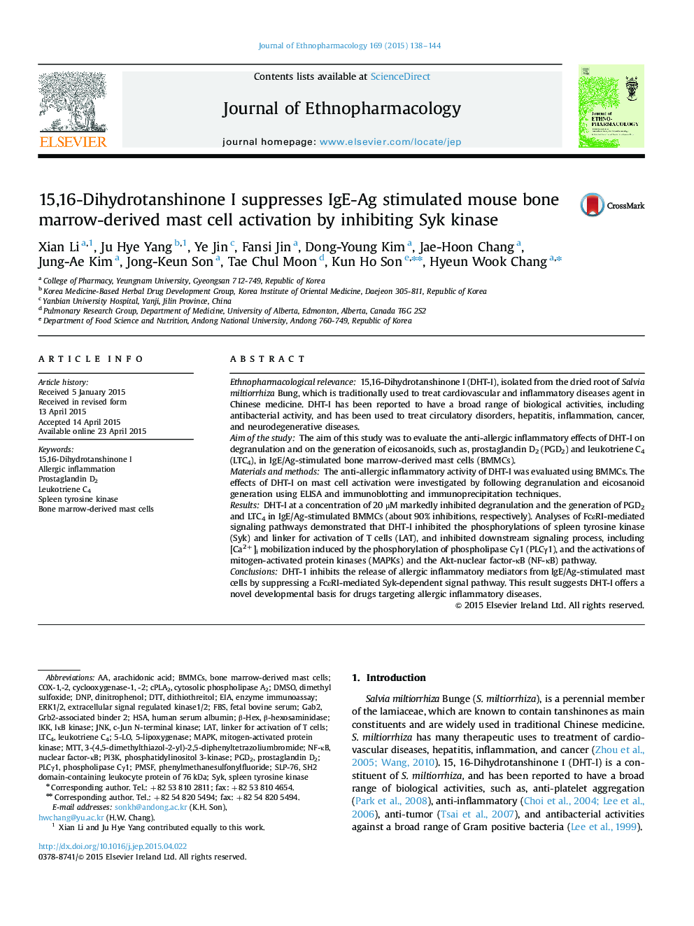 15,16-Dihydrotanshinone I suppresses IgE-Ag stimulated mouse bone marrow-derived mast cell activation by inhibiting Syk kinase