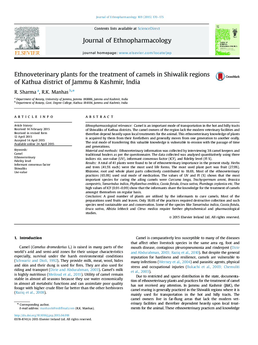 Ethnoveterinary plants for the treatment of camels in Shiwalik regions of Kathua district of Jammu & Kashmir, India