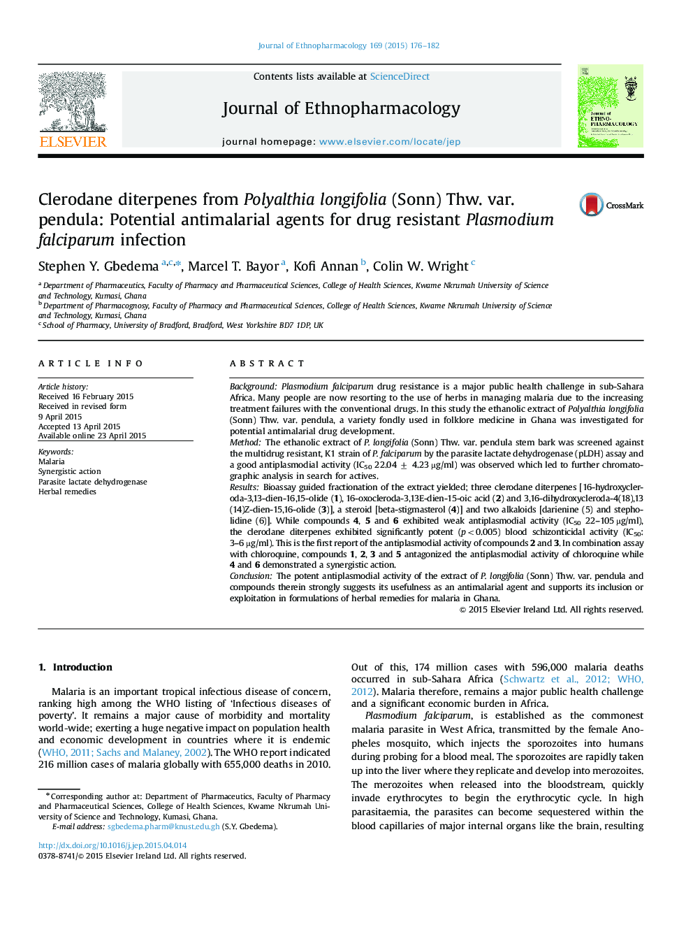 Clerodane diterpenes from Polyalthia longifolia (Sonn) Thw. var. pendula: Potential antimalarial agents for drug resistant Plasmodium falciparum infection