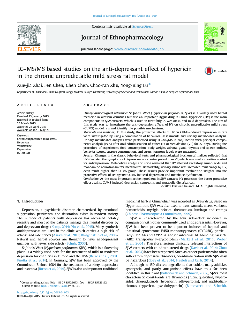 LC–MS/MS based studies on the anti-depressant effect of hypericin in the chronic unpredictable mild stress rat model