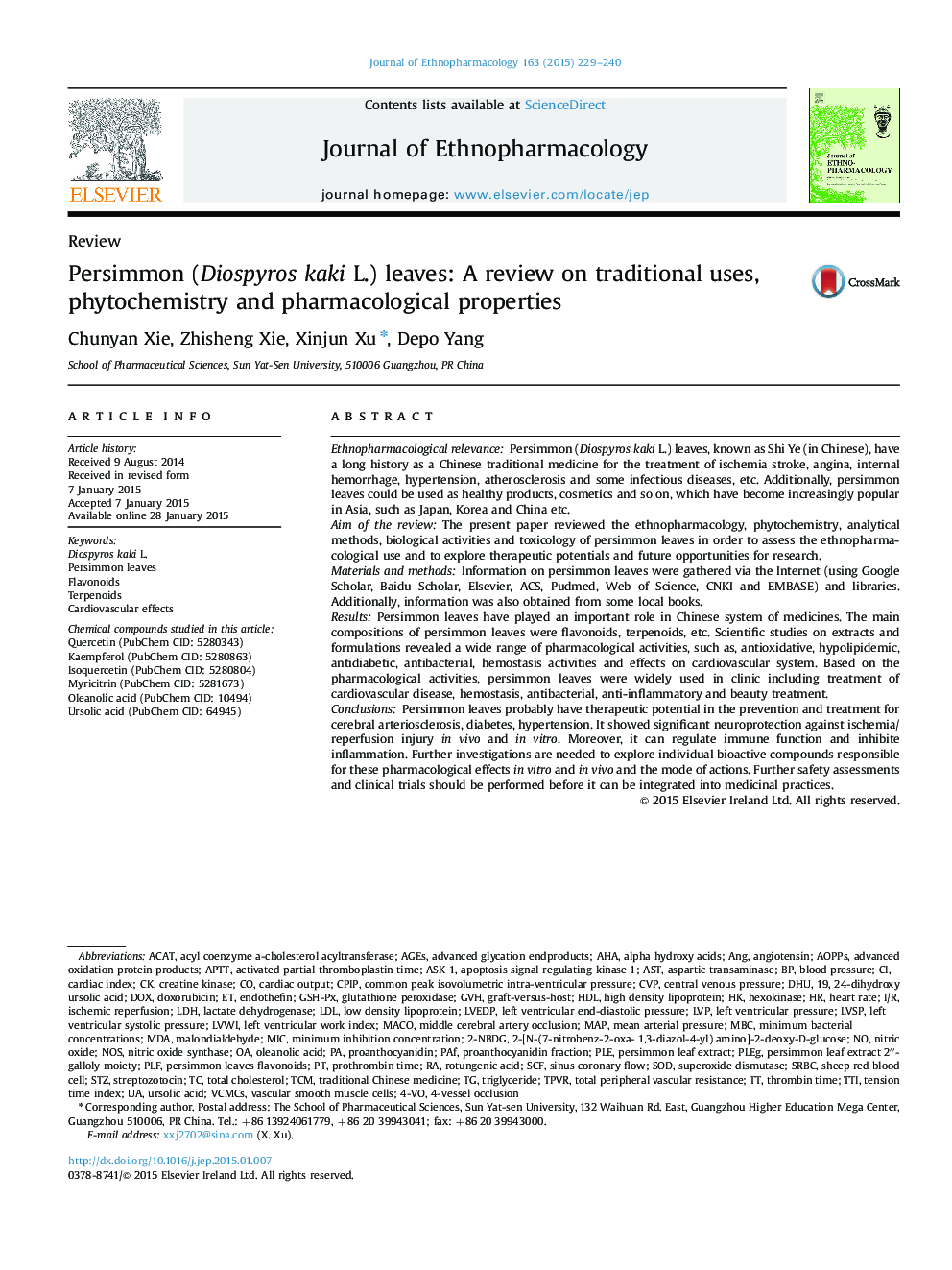 Persimmon (Diospyros kaki L.) leaves: A review on traditional uses, phytochemistry and pharmacological properties