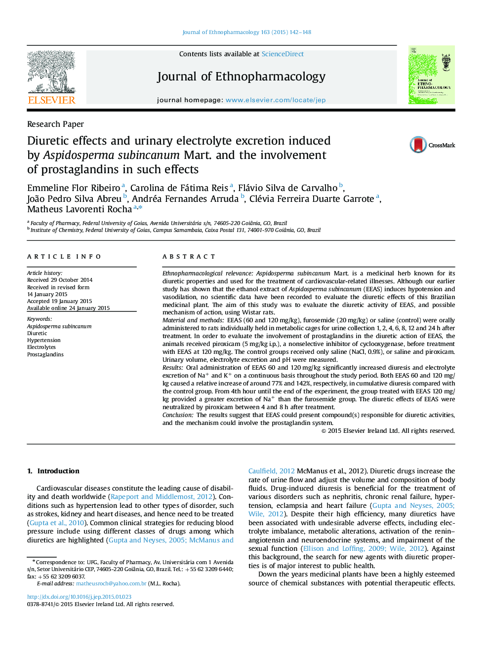 Diuretic effects and urinary electrolyte excretion induced by Aspidosperma subincanum Mart. and the involvement of prostaglandins in such effects