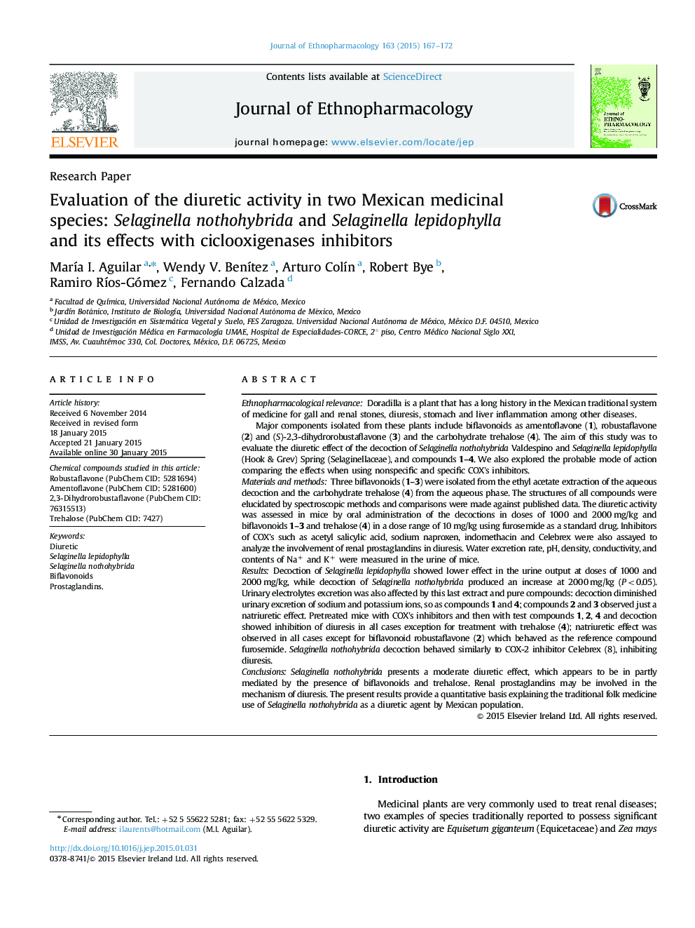 Evaluation of the diuretic activity in two Mexican medicinal species: Selaginella nothohybrida and Selaginella lepidophylla and its effects with ciclooxigenases inhibitors