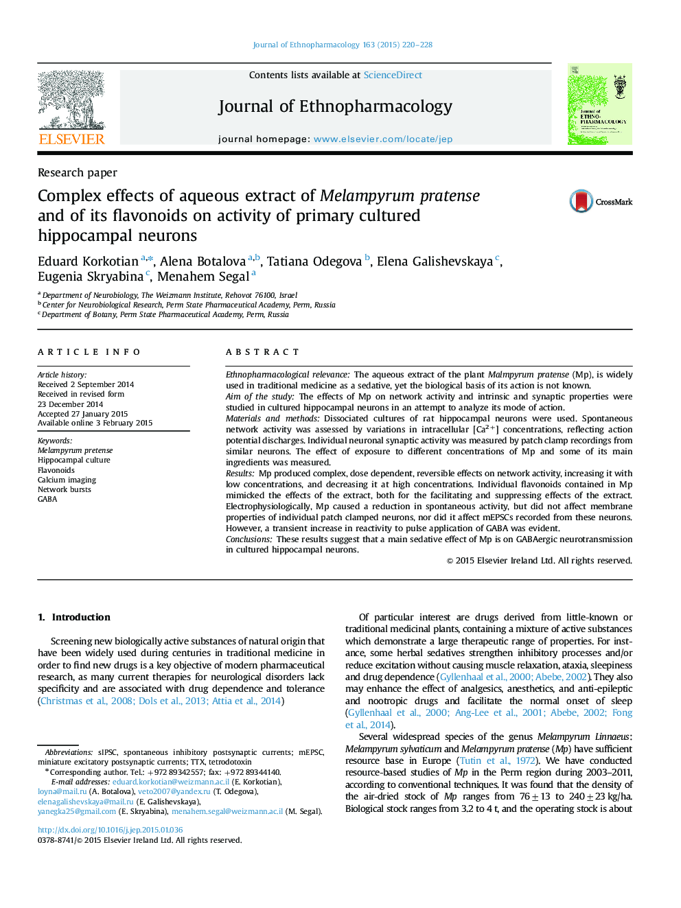 Complex effects of aqueous extract of Melampyrum pratense and of its flavonoids on activity of primary cultured hippocampal neurons