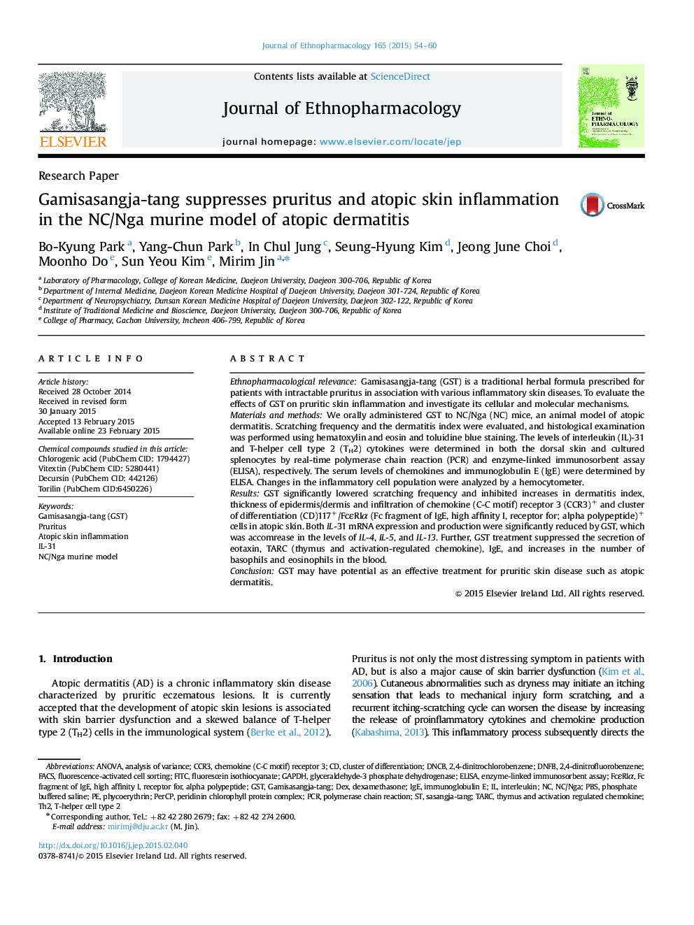 Gamisasangja-tang suppresses pruritus and atopic skin inflammation in the NC/Nga murine model of atopic dermatitis