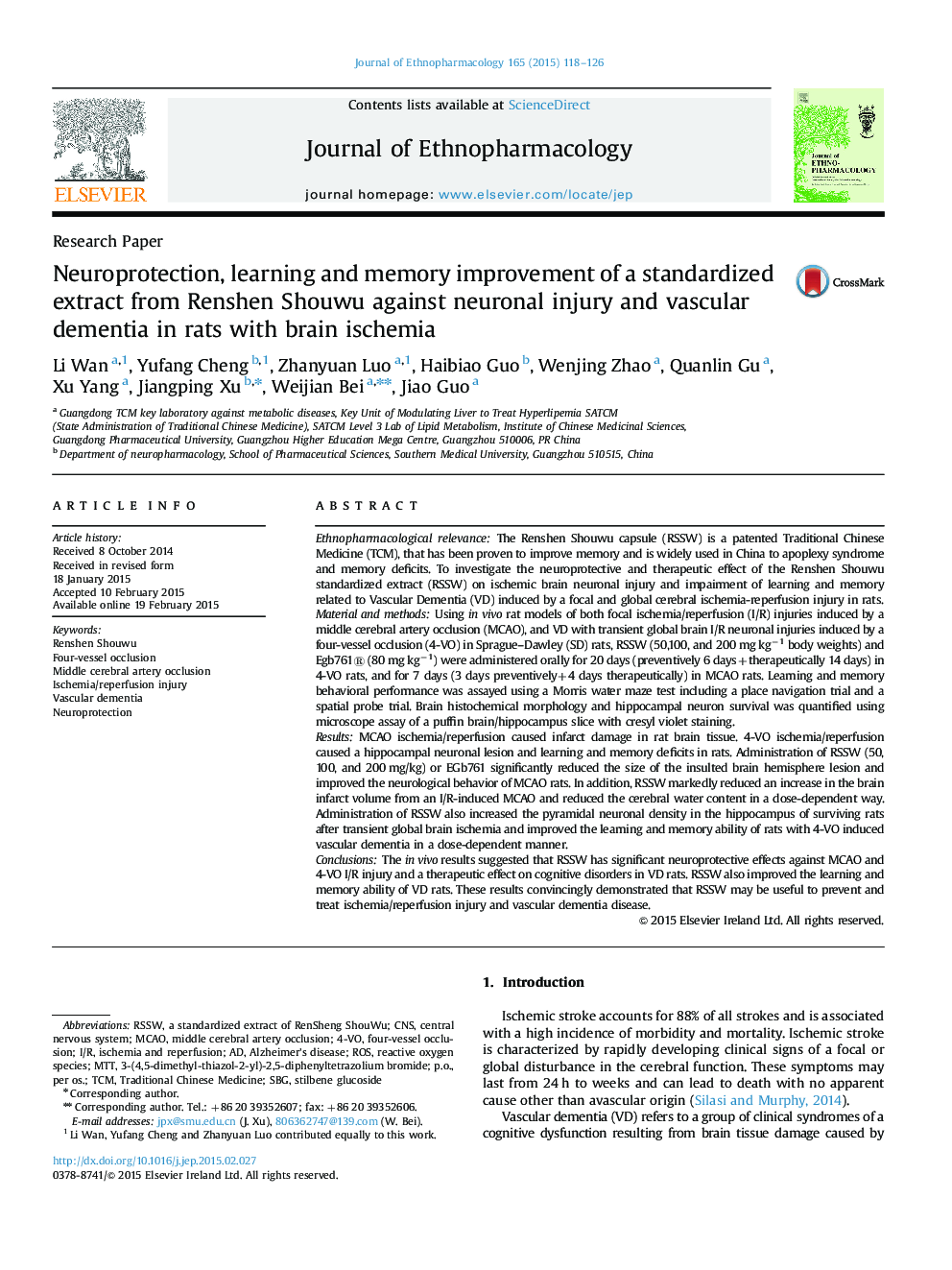 Neuroprotection, learning and memory improvement of a standardized extract from Renshen Shouwu against neuronal injury and vascular dementia in rats with brain ischemia