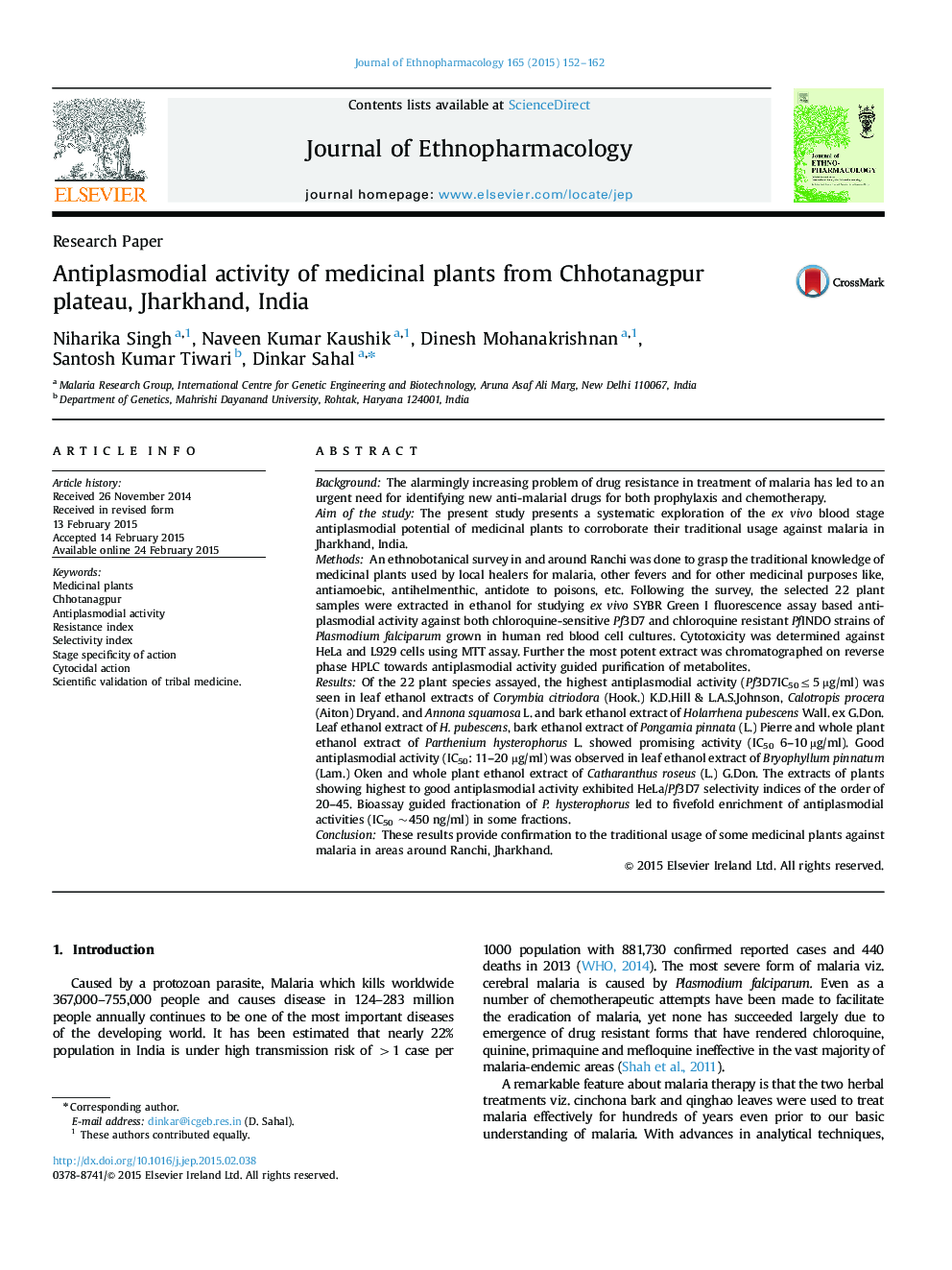 Antiplasmodial activity of medicinal plants from Chhotanagpur plateau, Jharkhand, India