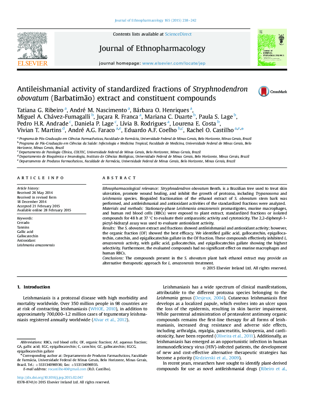 Antileishmanial activity of standardized fractions of Stryphnodendron obovatum (Barbatimão) extract and constituent compounds