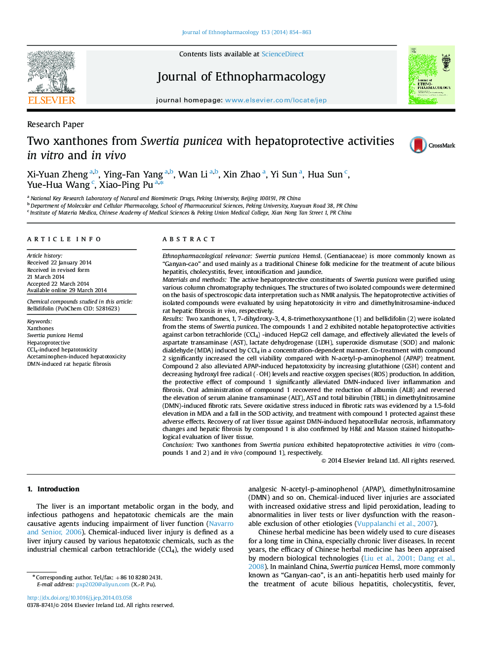 Two xanthones from Swertia punicea with hepatoprotective activities in vitro and in vivo