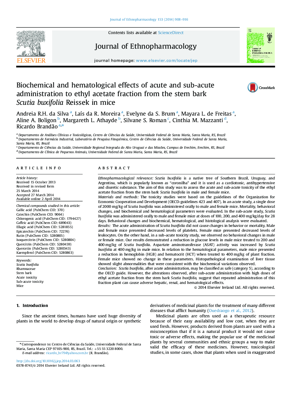 Biochemical and hematological effects of acute and sub-acute administration to ethyl acetate fraction from the stem bark Scutia buxifolia Reissek in mice