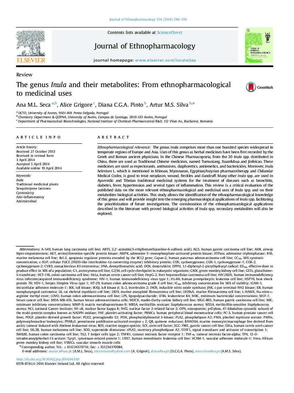 The genus Inula and their metabolites: From ethnopharmacological to medicinal uses