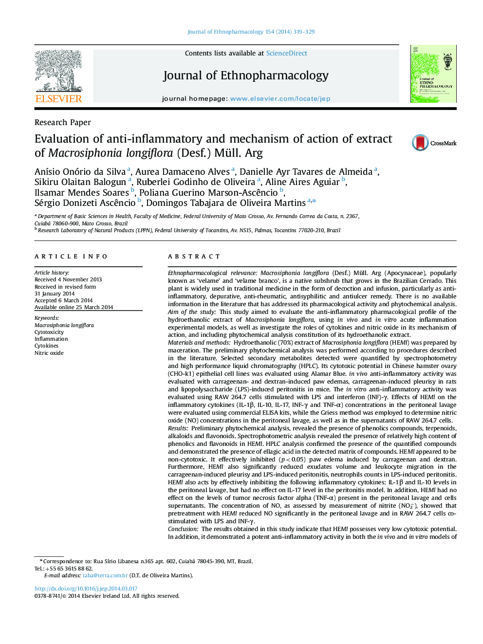 Evaluation of anti-inflammatory and mechanism of action of extract of Macrosiphonia longiflora (Desf.) Müll. Arg