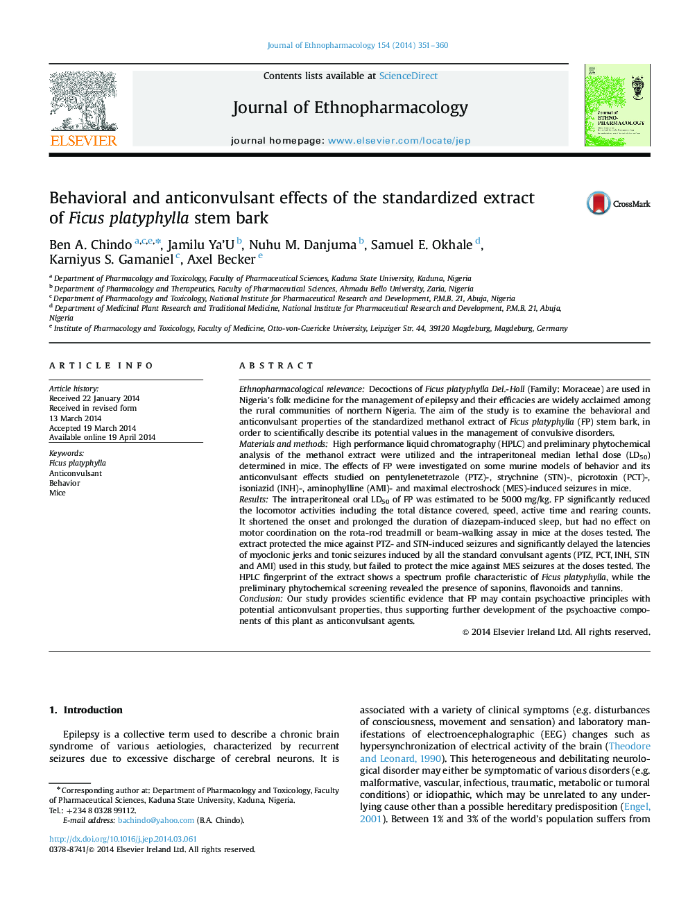 Behavioral and anticonvulsant effects of the standardized extract of Ficus platyphylla stem bark