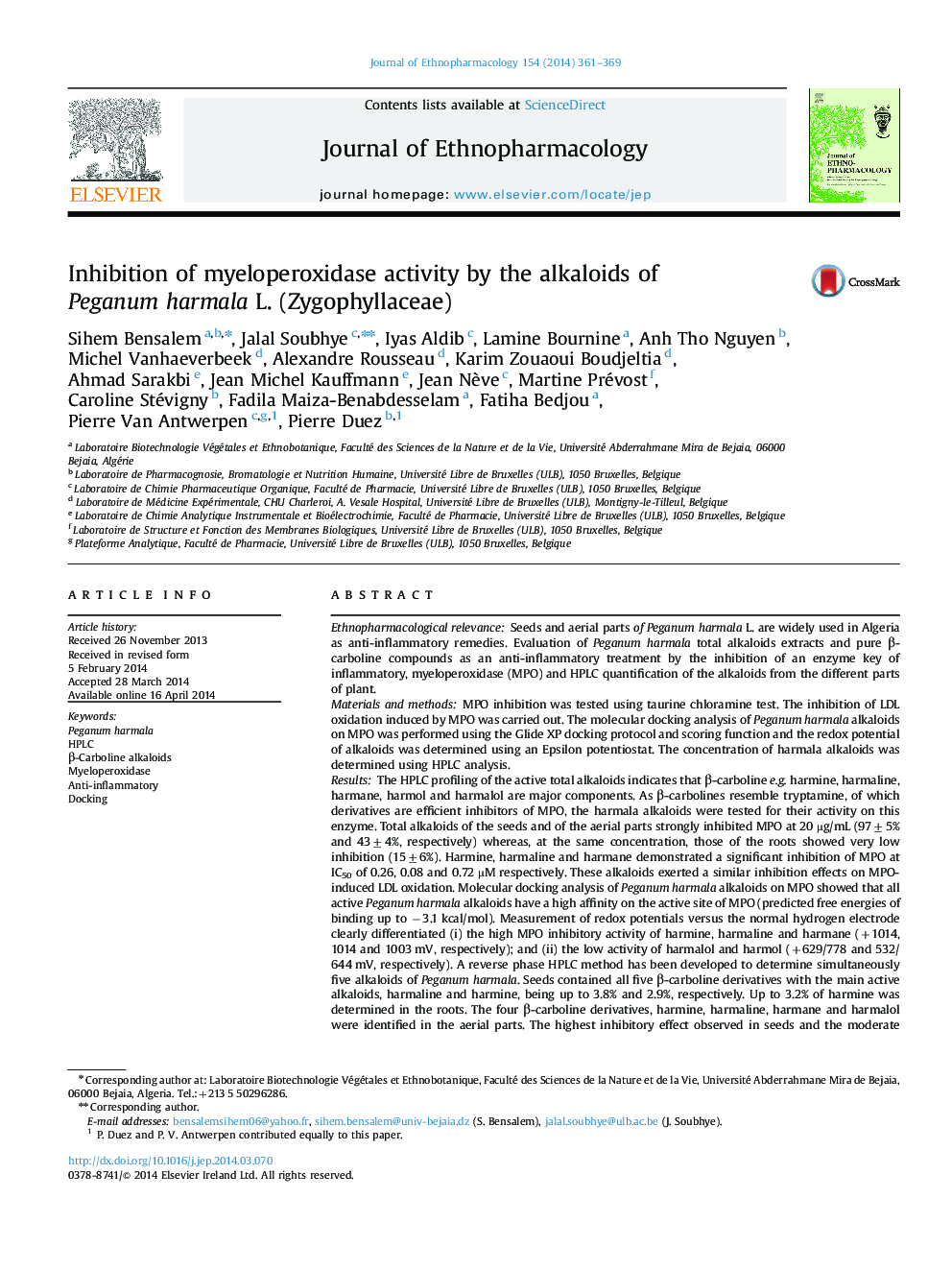 Inhibition of myeloperoxidase activity by the alkaloids of Peganum harmala L. (Zygophyllaceae)