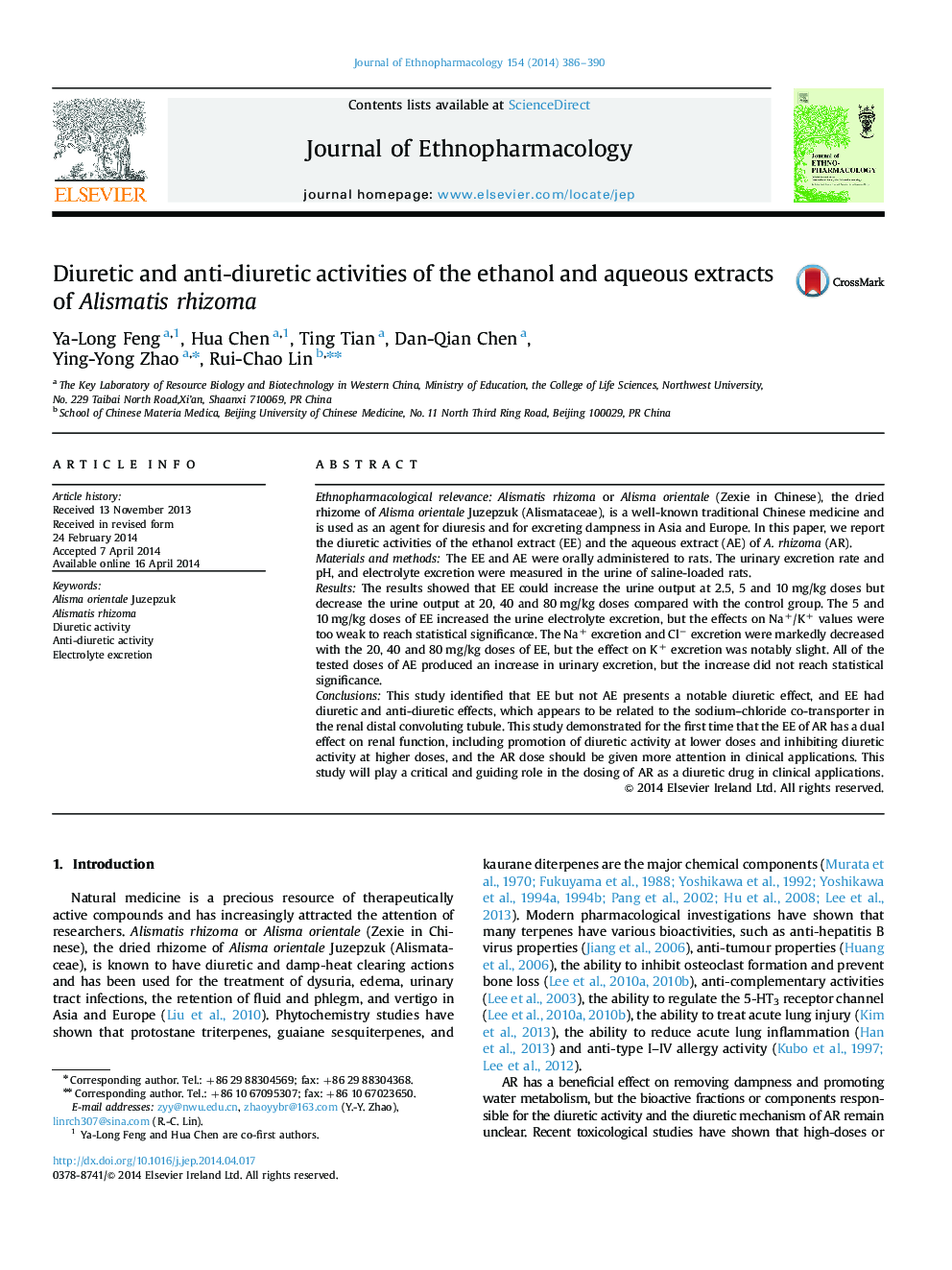 Diuretic and anti-diuretic activities of the ethanol and aqueous extracts of Alismatis rhizoma