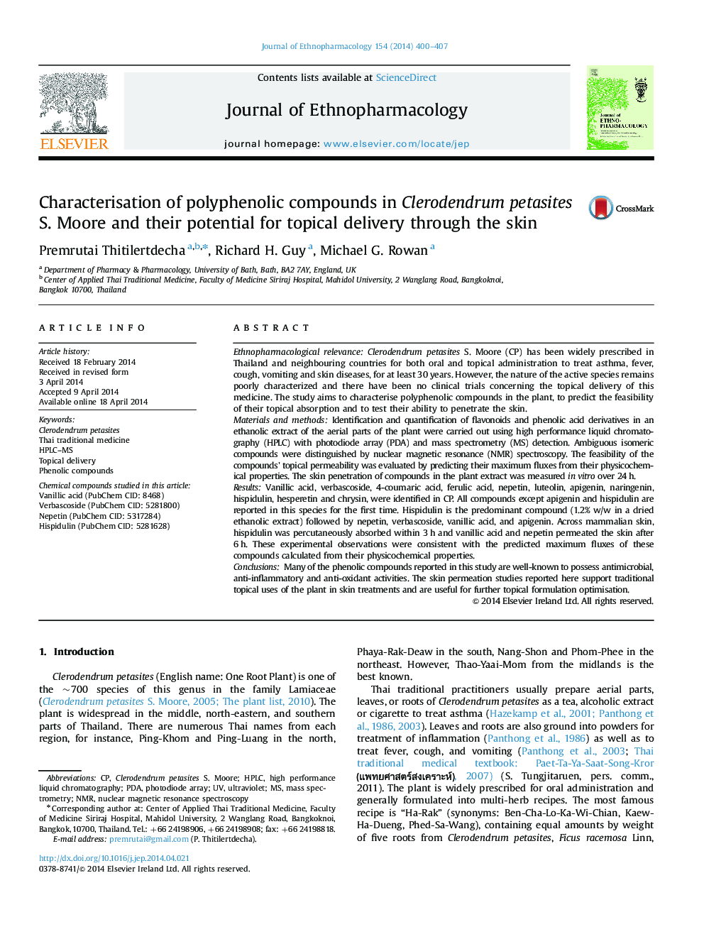 Characterisation of polyphenolic compounds in Clerodendrum petasites S. Moore and their potential for topical delivery through the skin