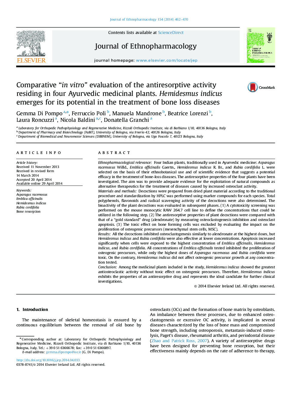 Comparative “in vitro” evaluation of the antiresorptive activity residing in four Ayurvedic medicinal plants. Hemidesmus indicus emerges for its potential in the treatment of bone loss diseases