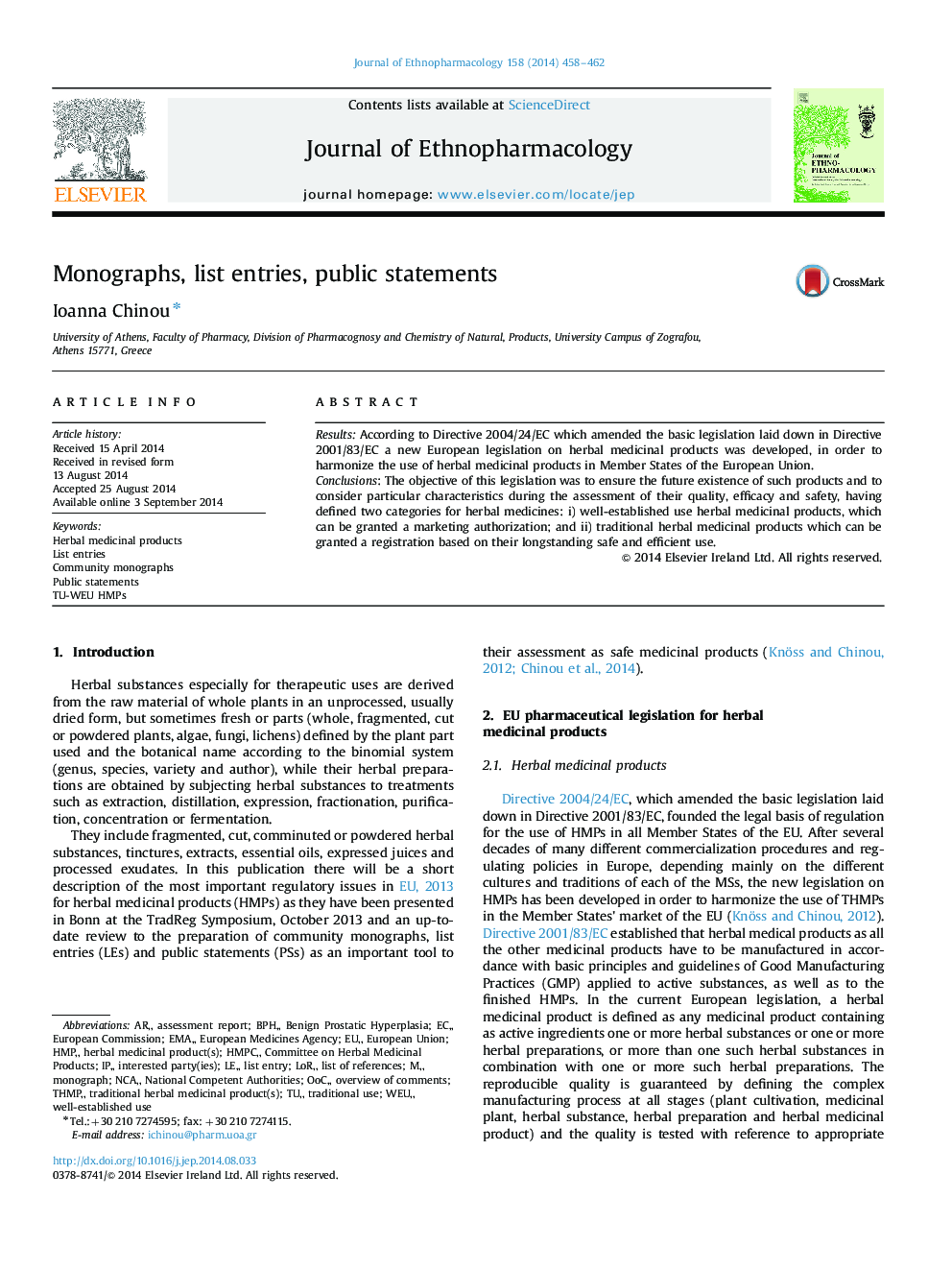 Monographs, list entries, public statements