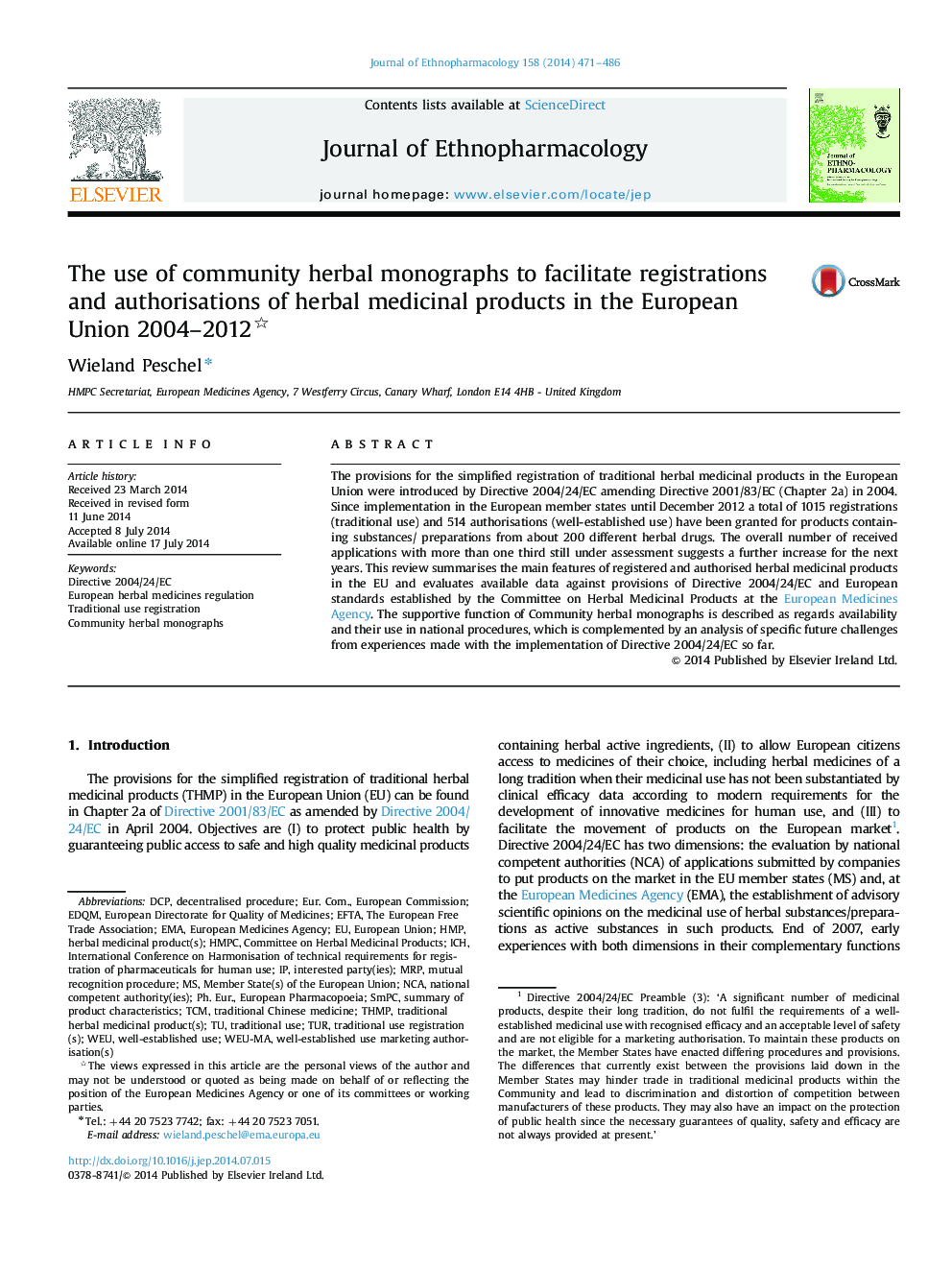 استفاده از مقالات گیاهی جامعه برای تسهیل ثبت نام و تایید داروهای گیاهی در اتحادیه اروپا 2004-2012 
