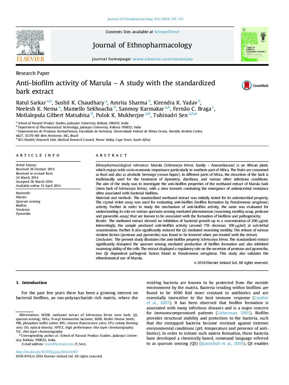 Anti-biofilm activity of Marula – A study with the standardized bark extract