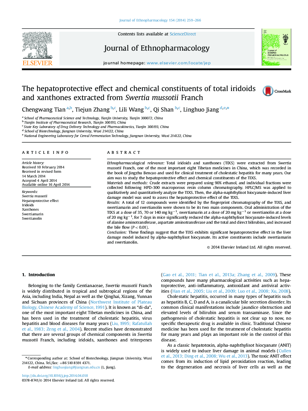 The hepatoprotective effect and chemical constituents of total iridoids and xanthones extracted from Swertia mussotii Franch