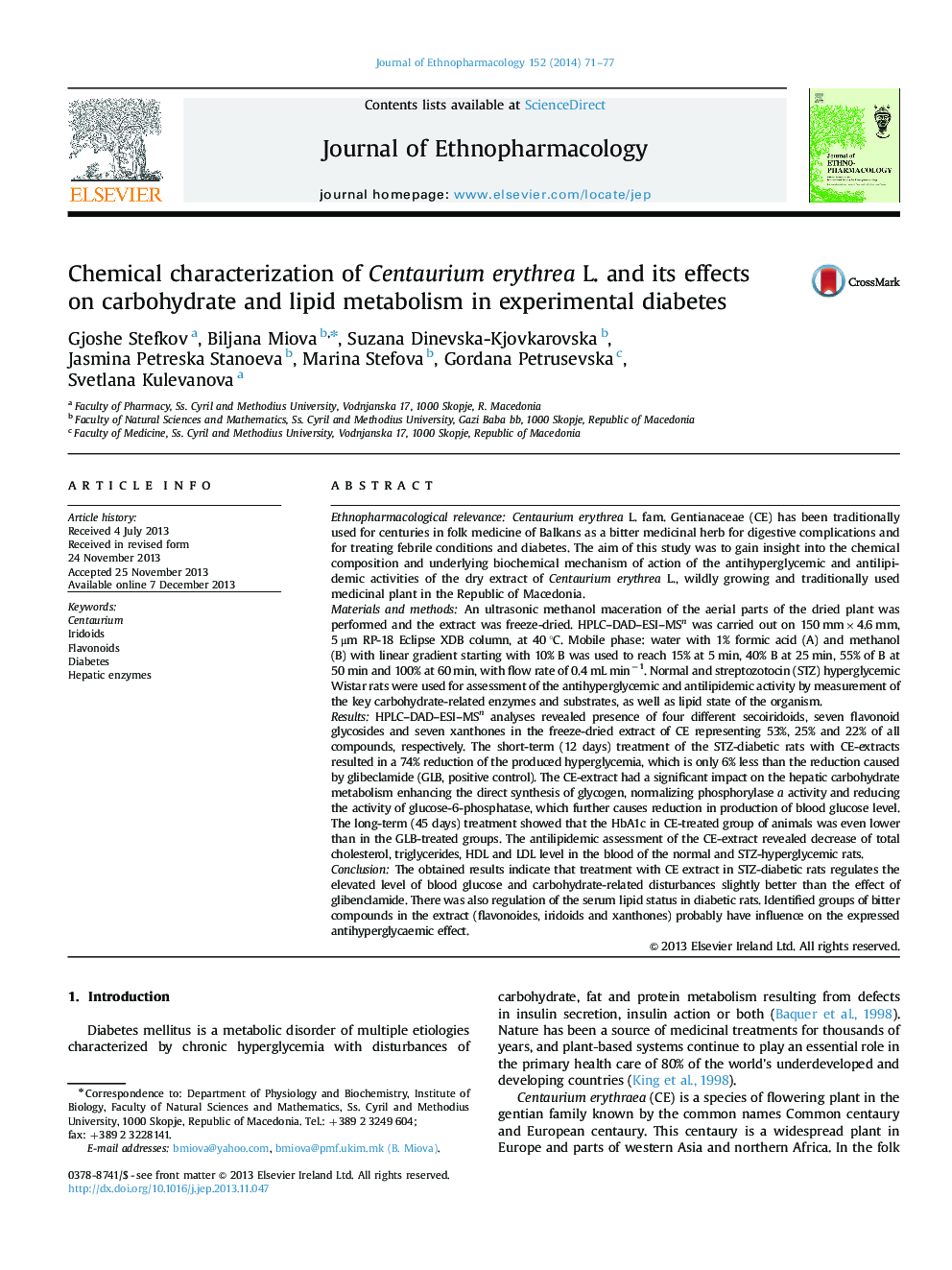 Chemical characterization of Centaurium erythrea L. and its effects on carbohydrate and lipid metabolism in experimental diabetes