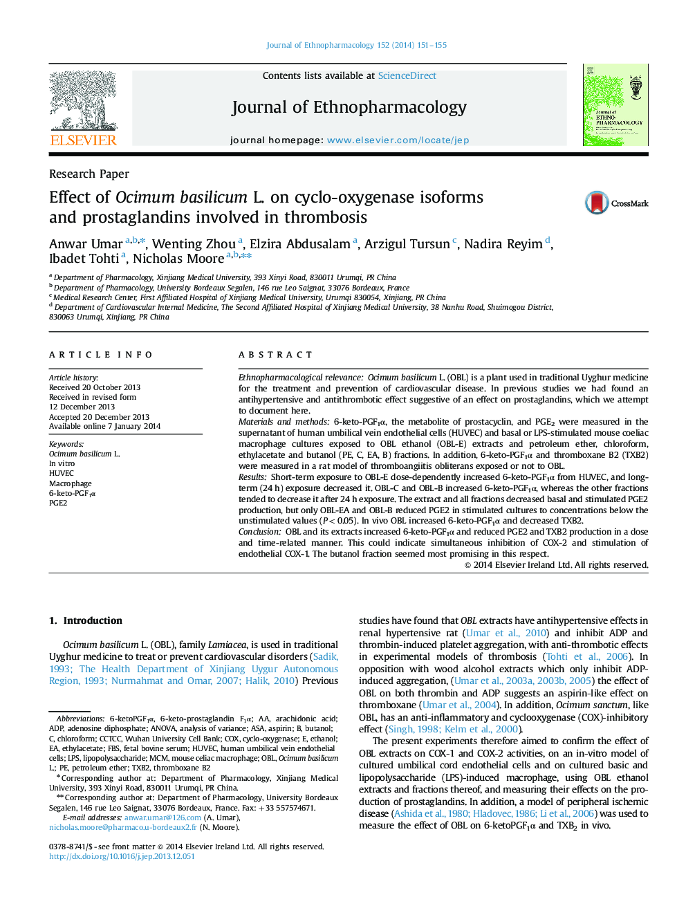 Effect of Ocimum basilicum L. on cyclo-oxygenase isoforms and prostaglandins involved in thrombosis