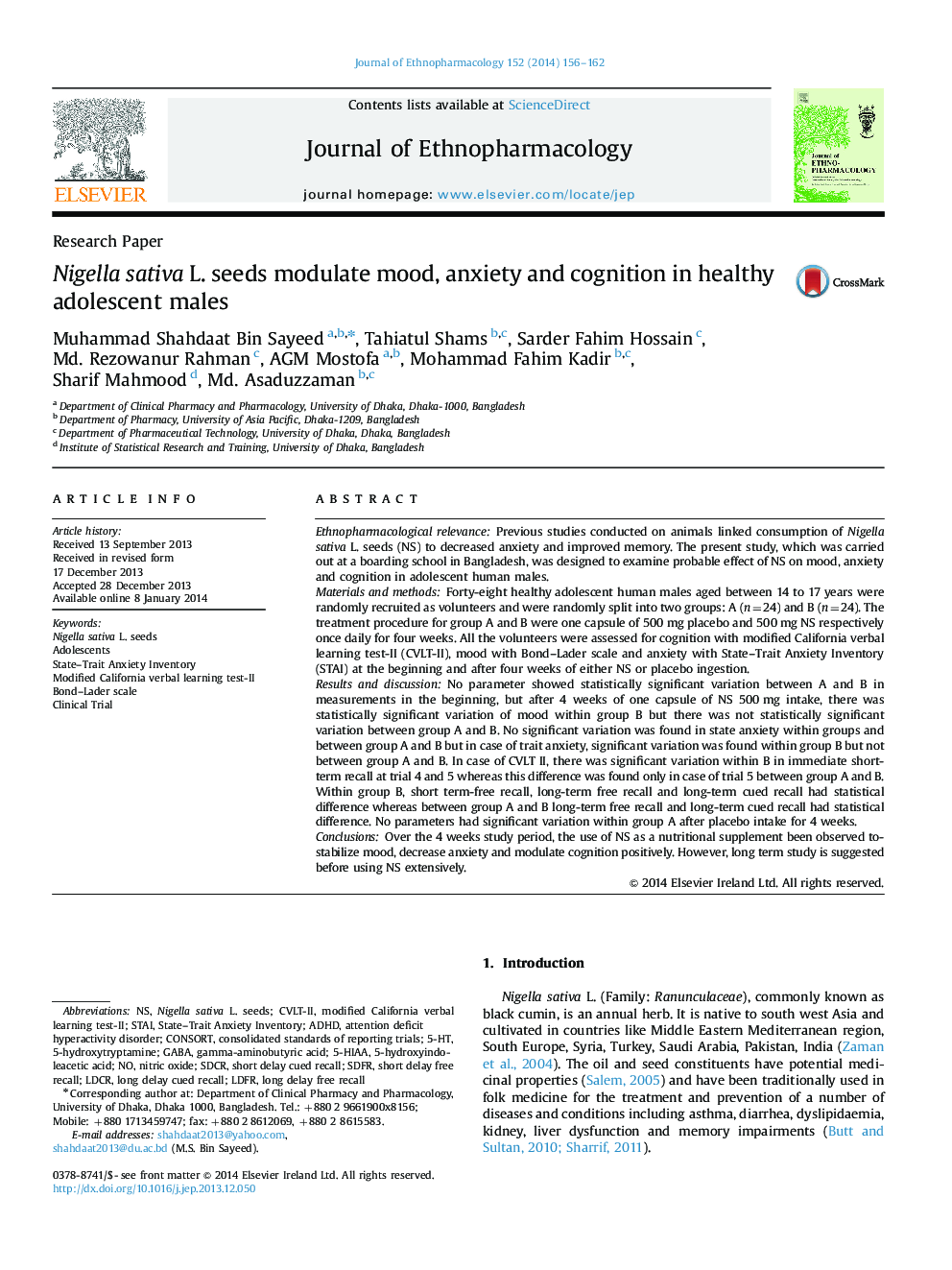 Nigella sativa L. seeds modulate mood, anxiety and cognition in healthy adolescent males