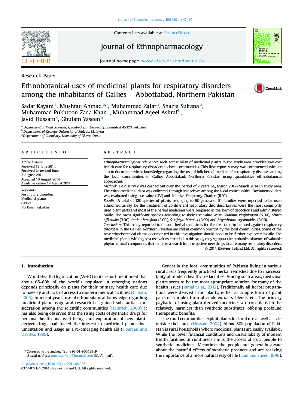 Ethnobotanical uses of medicinal plants for respiratory disorders among the inhabitants of Gallies – Abbottabad, Northern Pakistan