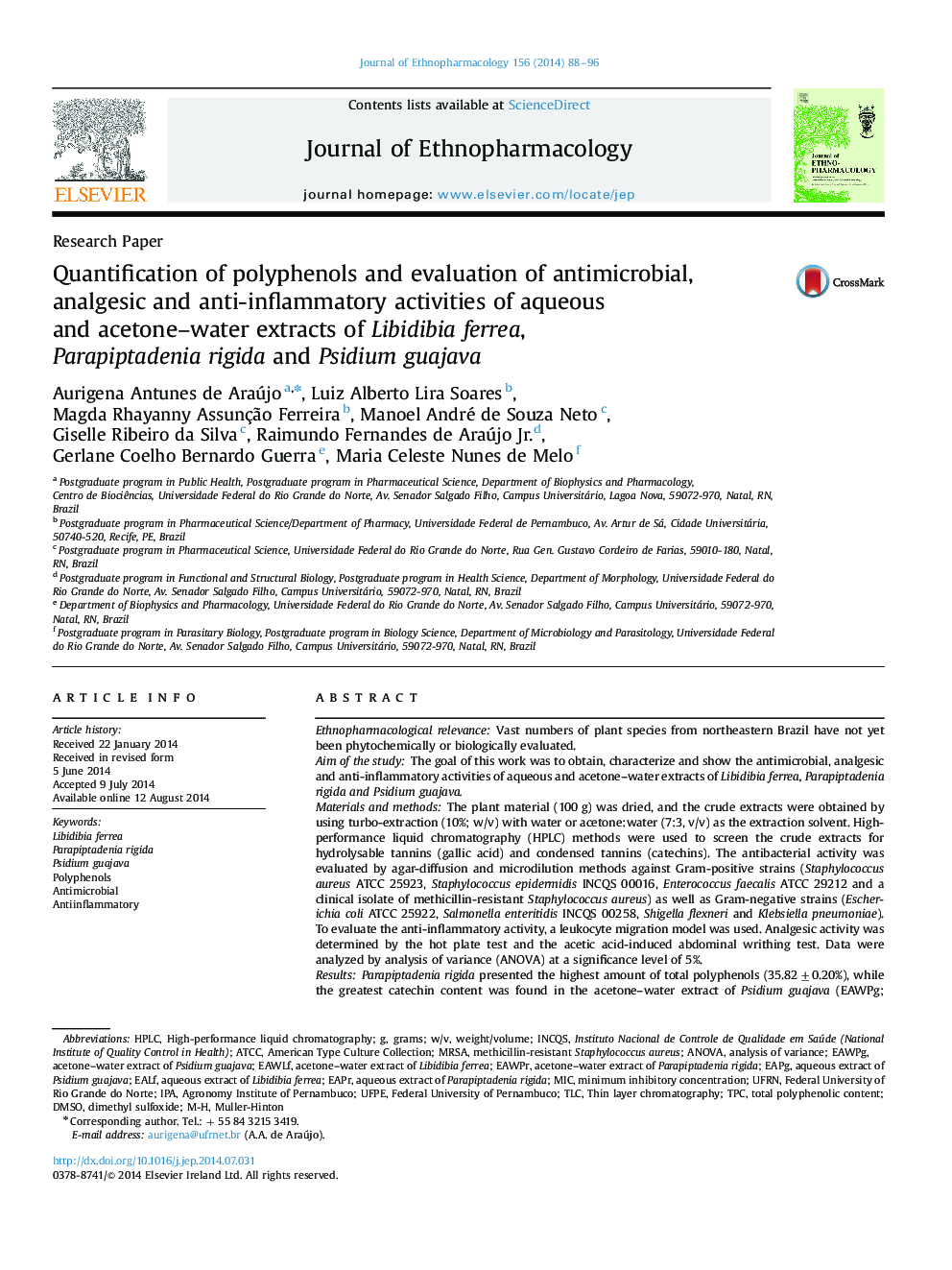 Quantification of polyphenols and evaluation of antimicrobial, analgesic and anti-inflammatory activities of aqueous and acetone–water extracts of Libidibia ferrea, Parapiptadenia rigida and Psidium guajava